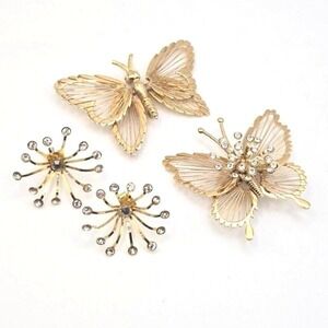 Two Vintage Monet Gold Tone Butterfly Brooches & Starburst Earrings Set